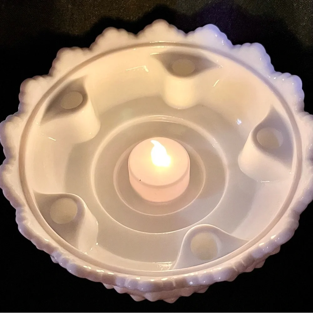Fenton White Hobnail Milk Glass 6-Candle Holder Centerpiece Bowl Pedestal OG Tag